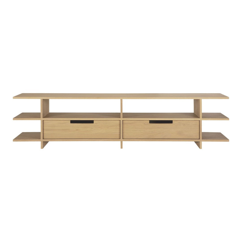 Light wood TV stand with smooth surfaces, featuring a minimalist design and black drawer handles.