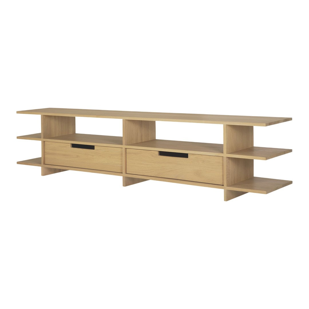 Natural wood TV stand with a light oak finish and minimalist design. Features smooth surfaces and black drawer handles.