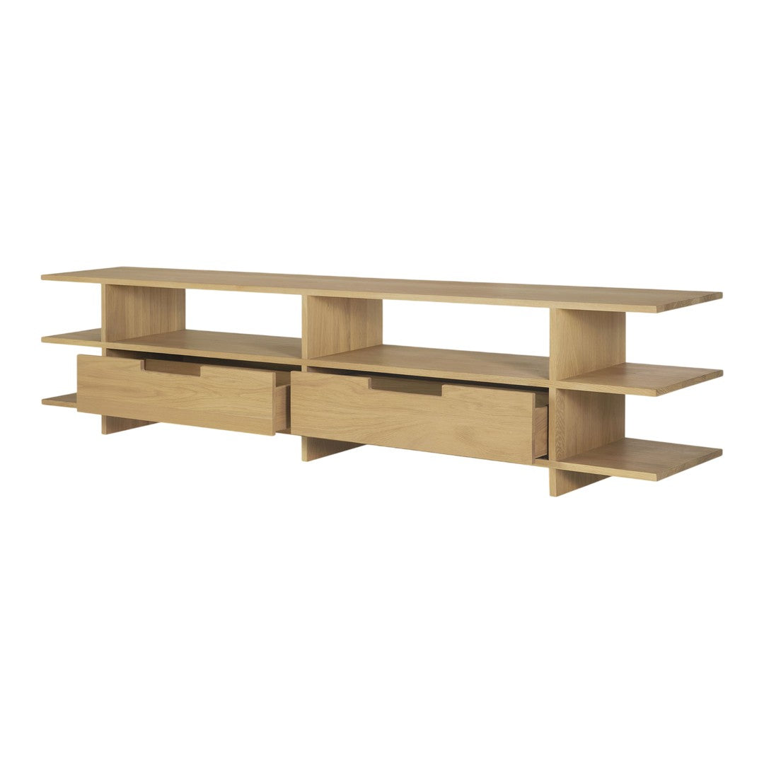 Light oak TV stand with a sleek, minimalist design featuring open shelves and two storage drawers.