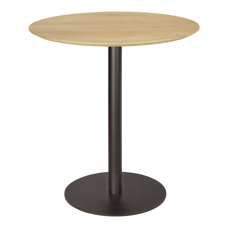 Light wood round tabletop with a sleek black metal base, blending natural and modern aesthetics.
