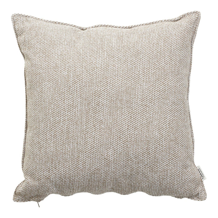 Beige textured throw pillow with subtle herringbone pattern, perfect for neutral home decor.