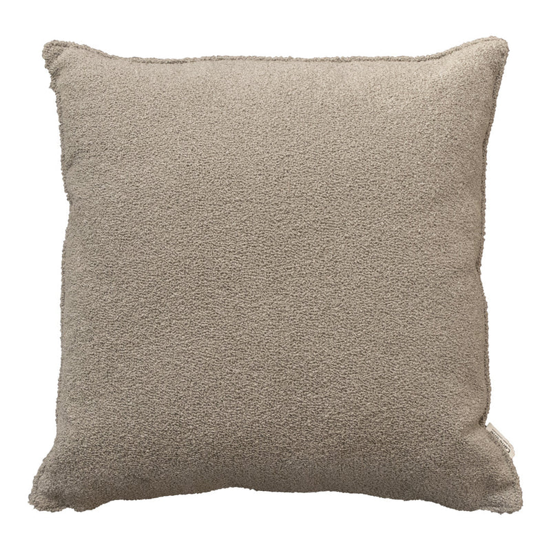 Soft beige square pillow with a textured fabric, perfect for cozy home decor.