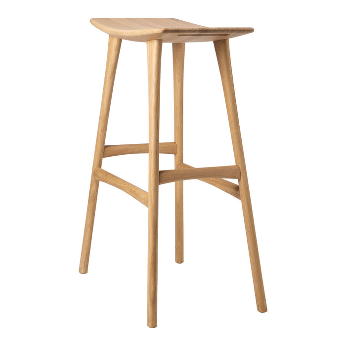 Natural wood bar stool with a light oak finish and smooth, minimalistic design, featuring clean lines and no patterns.