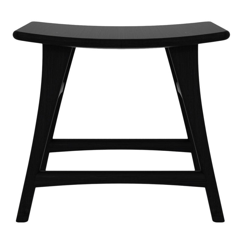 Black curved stool with a sleek, minimalist design and smooth finish, perfect for modern decor.