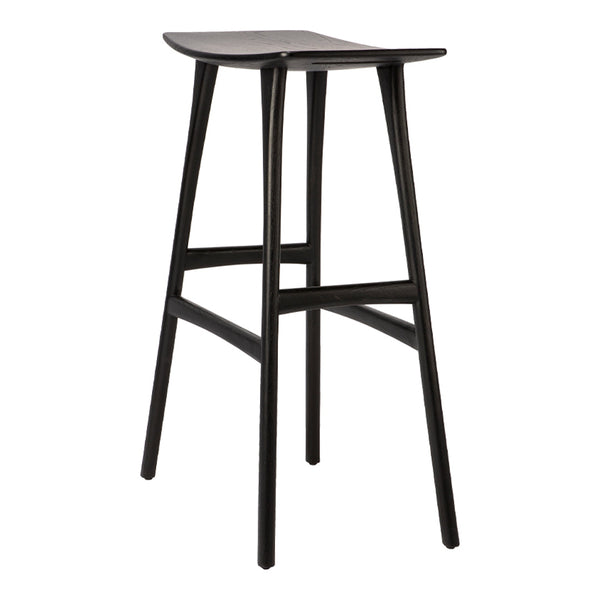Sleek black bar stool with a minimalist design and smooth surface, perfect for modern interiors.