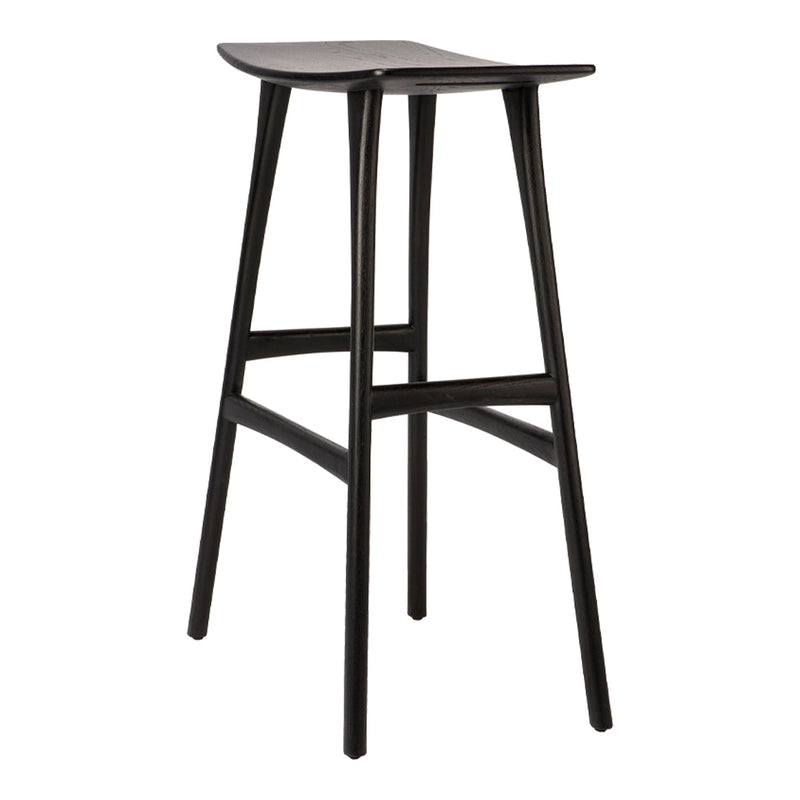 Sleek black bar stool with a minimalist design and smooth surface, perfect for modern interiors.