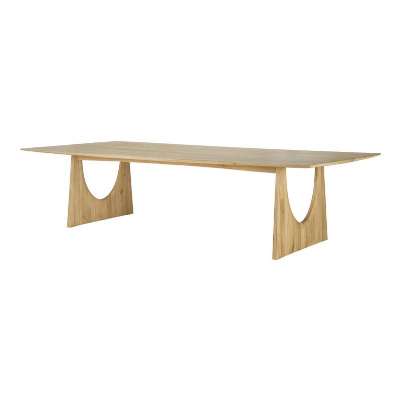 Natural wood dining table with a light bamboo finish and minimalist hole cutout design on the legs.