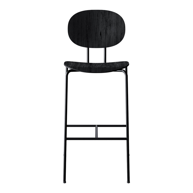 Black wooden bar stool with a minimalist design and smooth, curved backrest. Sleek metal frame complements its elegance.