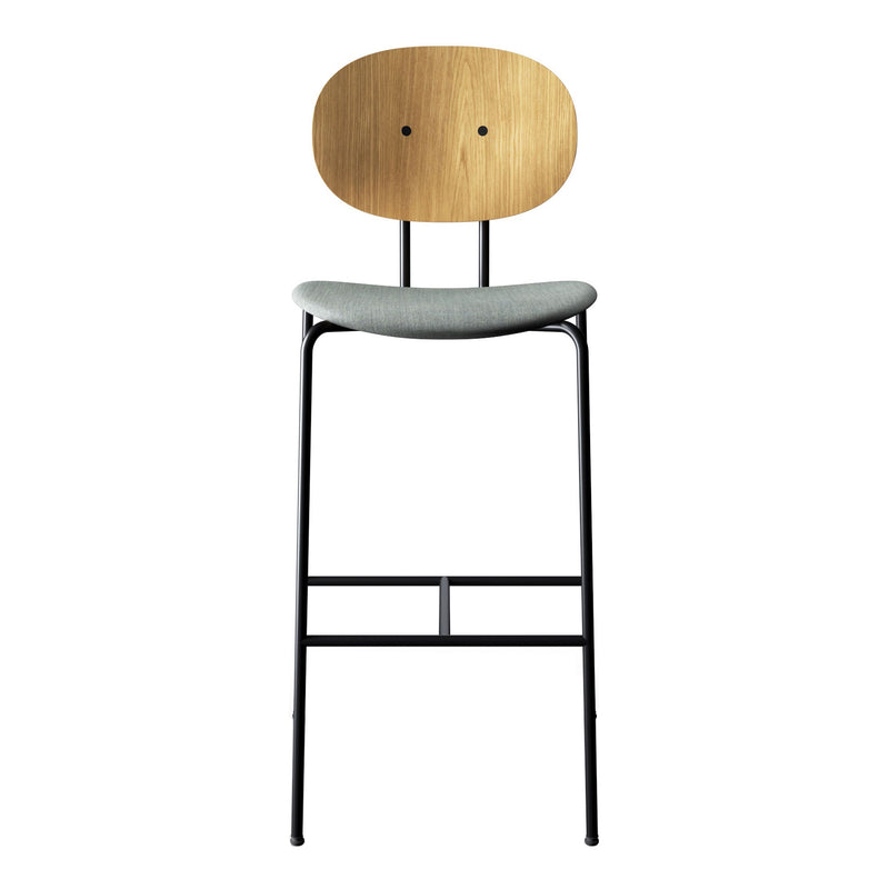 Modern bar stool with a natural wood backrest, light gray cushion, and sleek black metal legs.