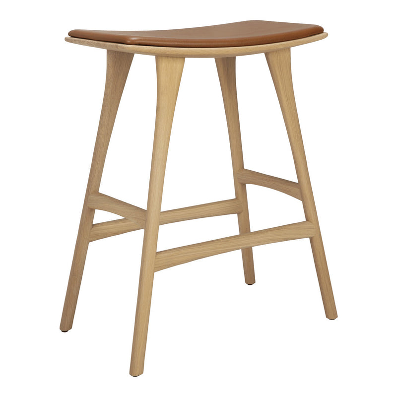 Natural wood bar stool with a smooth tan seat and clean, minimalist lines, ideal for modern decor.