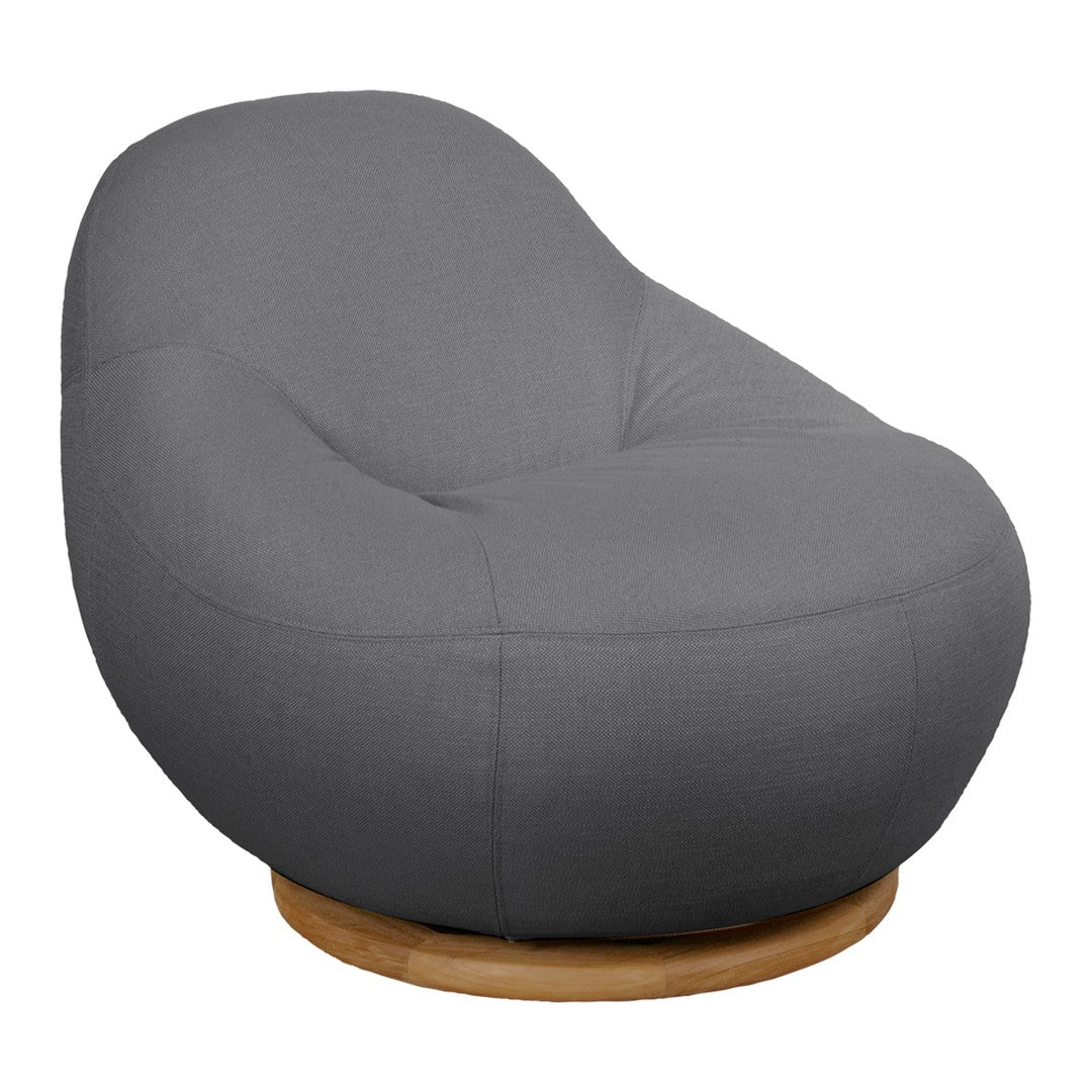 Gray upholstered swivel chair with a smooth, rounded shape and a natural wood base. Ideal for modern interiors.