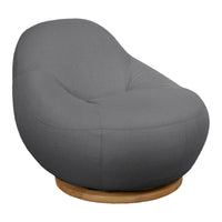 Gray upholstered swivel chair with a smooth, rounded shape and a natural wood base. Ideal for modern interiors.