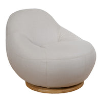 Light beige curved chair with smooth fabric and subtle stitching, resting on a natural wood swivel base.