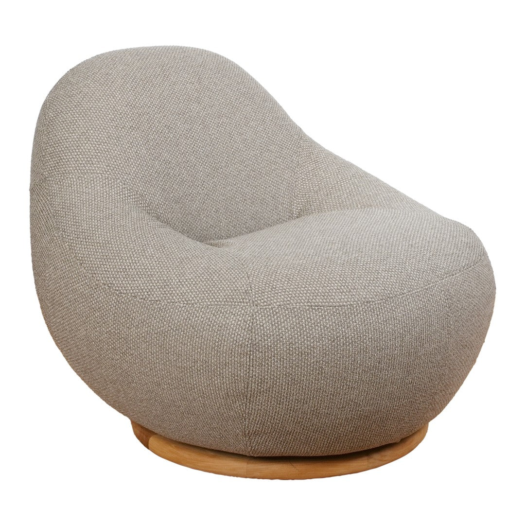 Gray upholstered chair with a smooth, rounded shape and a natural wood base, perfect for modern interiors.