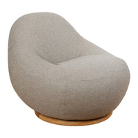 Gray upholstered chair with a smooth, rounded shape and a natural wood base, perfect for modern interiors.