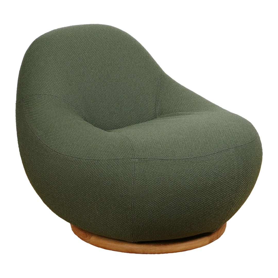 Green upholstered swivel chair with a smooth, rounded shape and natural wood base. Ideal for modern living spaces.