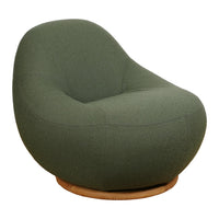 Green upholstered swivel chair with a smooth, rounded shape and natural wood base. Ideal for modern living spaces.