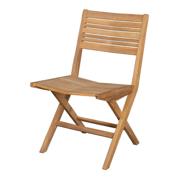 Wooden folding chair with a natural finish and slatted backrest design. Ideal for indoor and outdoor use.