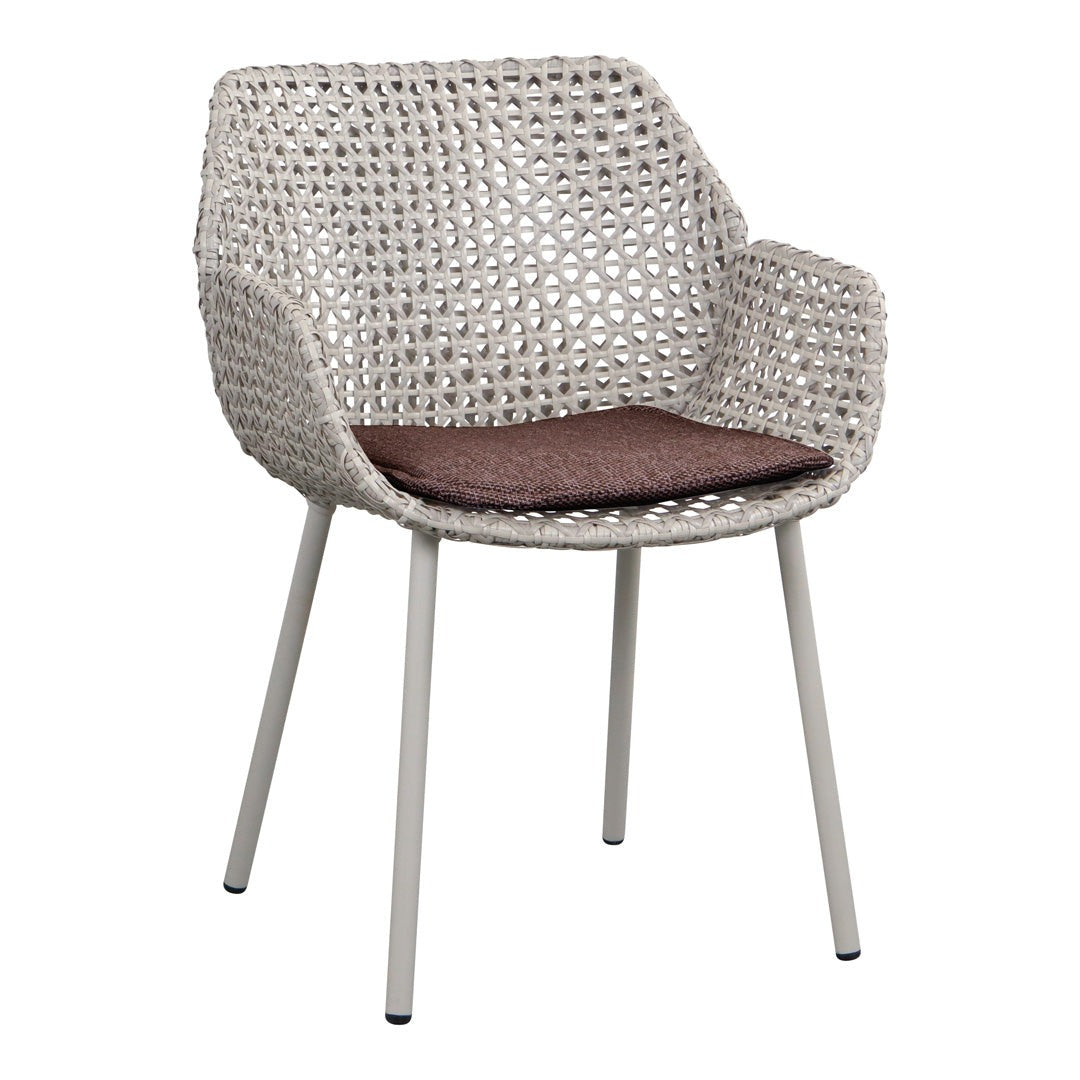 Light gray woven chair with a geometric pattern and brown cushion, featuring sleek metal legs in a neutral finish.