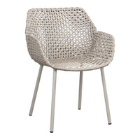 Light beige woven chair with a textured pattern and slender metal legs, perfect for modern decor.
