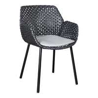 Gray woven chair with a light gray cushion and sleek black metal legs. Perfect for modern decor.