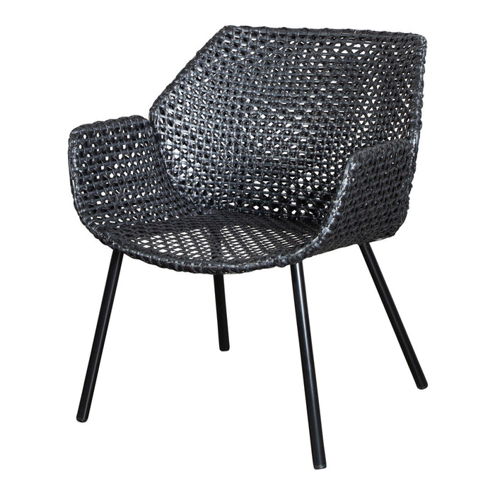 Black woven chair with a textured pattern and sleek black metal legs, perfect for modern decor.