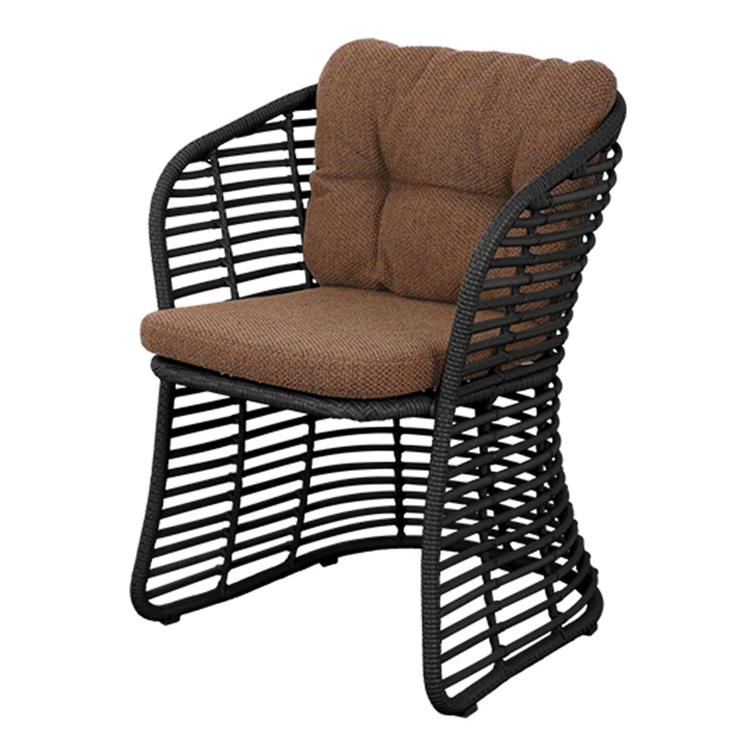 Brown cushioned chair with a textured black woven frame, showcasing a modern, stylish design. Perfect for indoor or outdoor use.