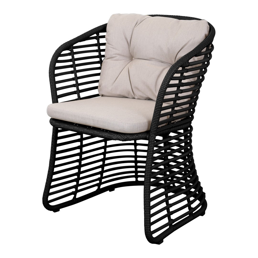 Black woven chair with a light beige cushion and textured ribbed pattern for a modern outdoor look.
