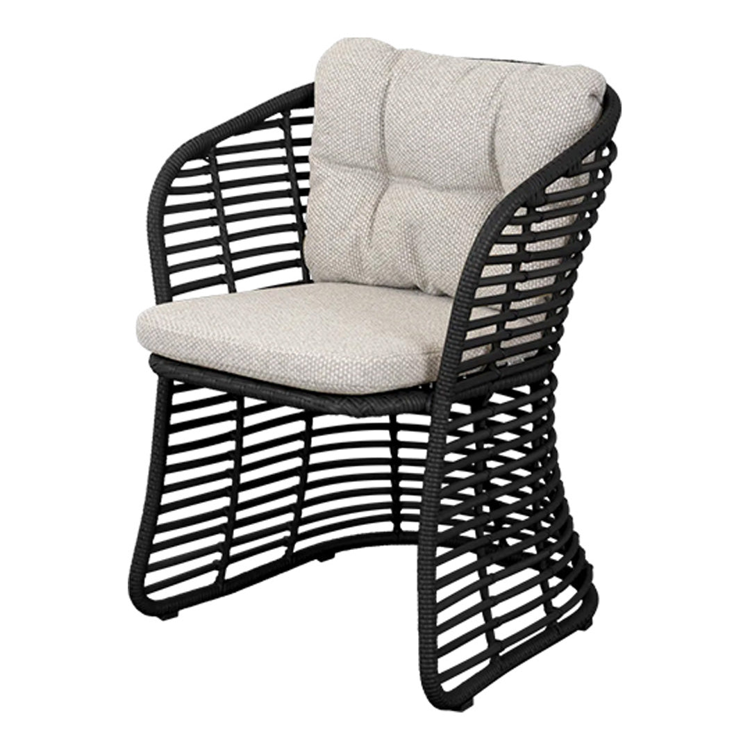 Black woven chair with light beige cushioned seat and backrest, featuring a modern, stylish pattern.