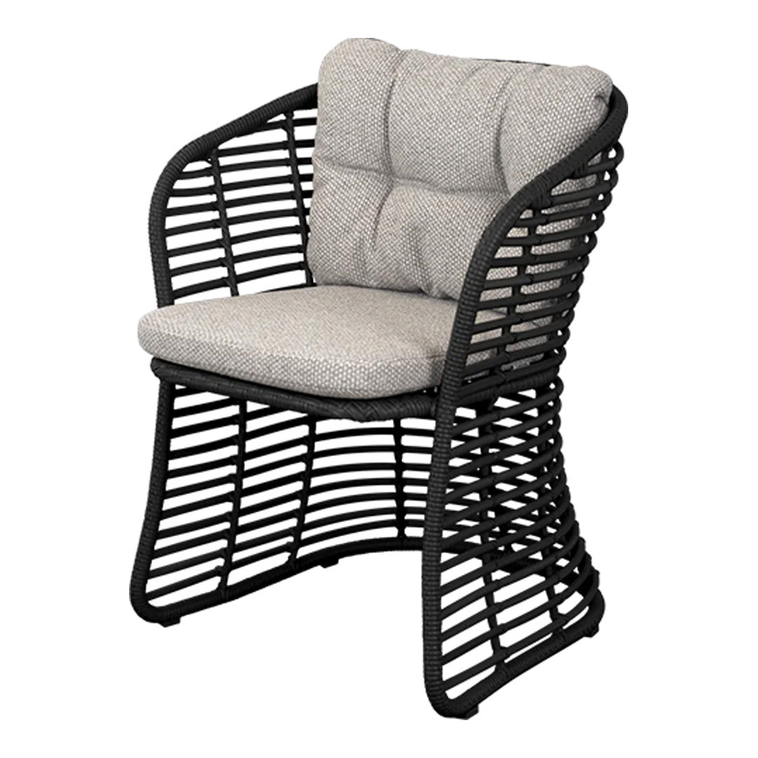 Modern black woven chair with a light gray cushion, featuring a sleek, curved design and striped pattern.