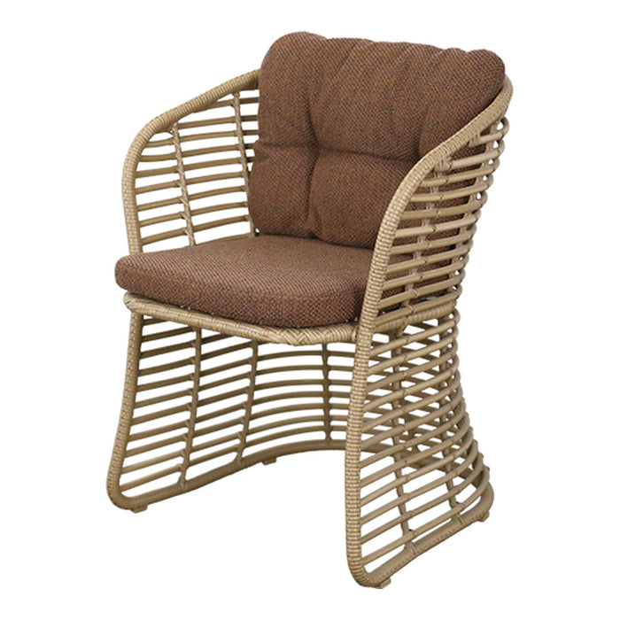 Brown cushioned chair with a woven tan frame, featuring a modern striped pattern. Perfect for stylish outdoor seating.