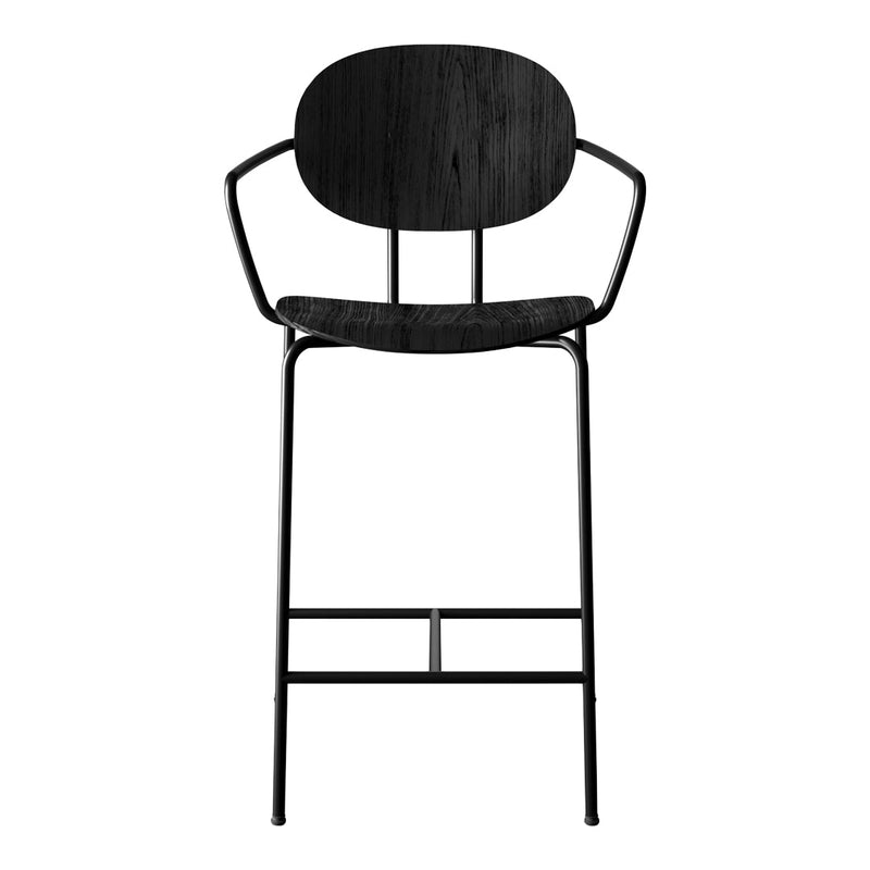 Black bar stool with curved backrest and sleek metal frame, featuring a smooth, matte finish. Modern minimalist design.