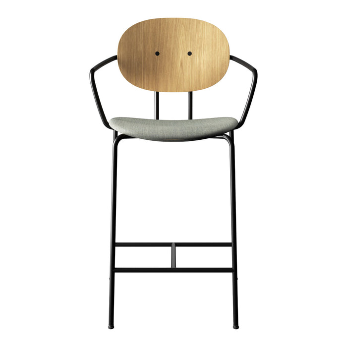Modern bar stool featuring a natural wood backrest and grey upholstery with a sleek black metal frame.