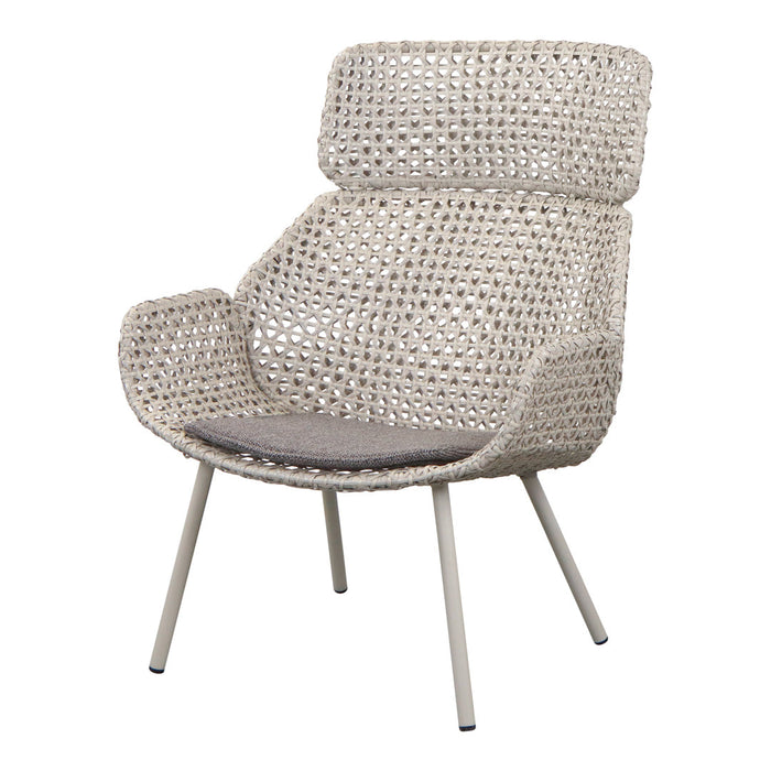 Beige woven chair with a unique textured pattern and gray cushion, perfect for modern decor.