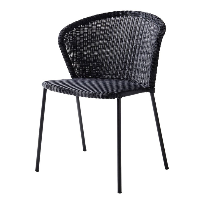 Black woven chair with a sleek curved back and sturdy black metal legs, showcasing a modern minimalist design.