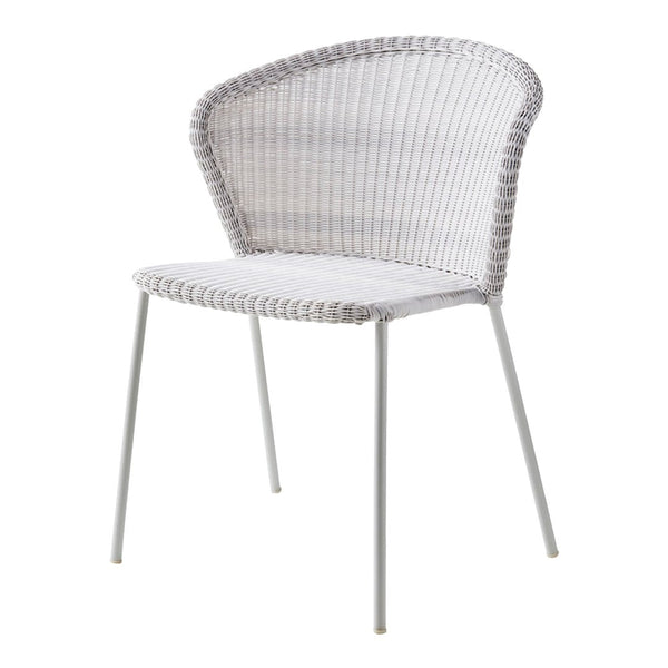 Gray woven chair with a sleek white seat, featuring a modern design and minimalistic pattern. Perfect for contemporary decor.