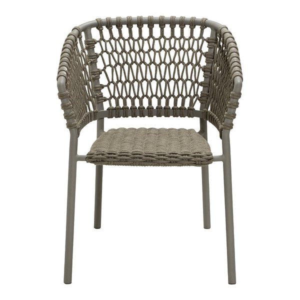 Stylish taupe chair with woven pattern and sleek gray metal frame, perfect for modern decor.