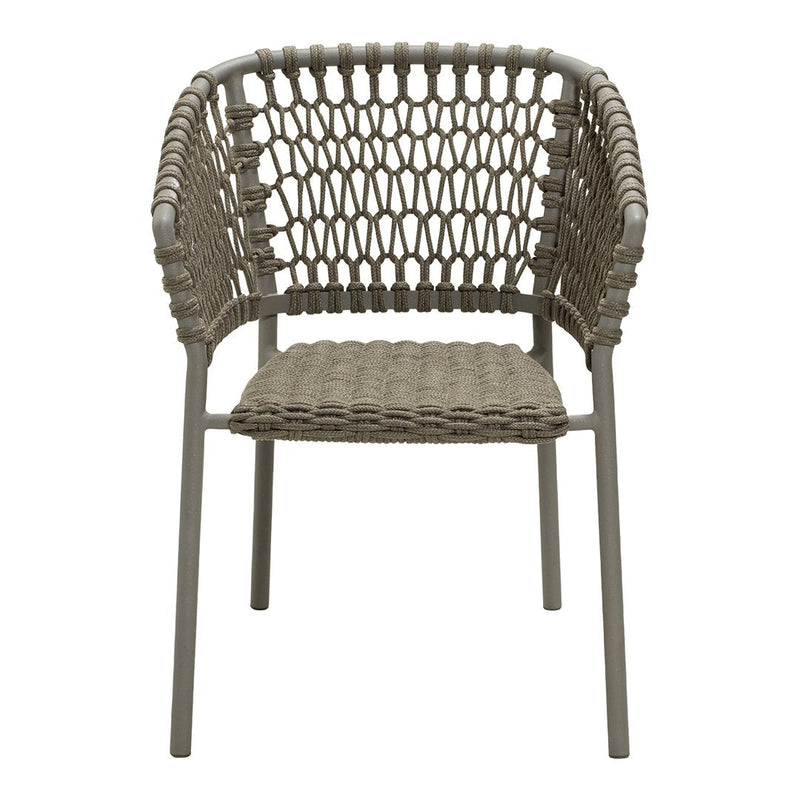 Stylish taupe chair with woven pattern and sleek gray metal frame, perfect for modern decor.