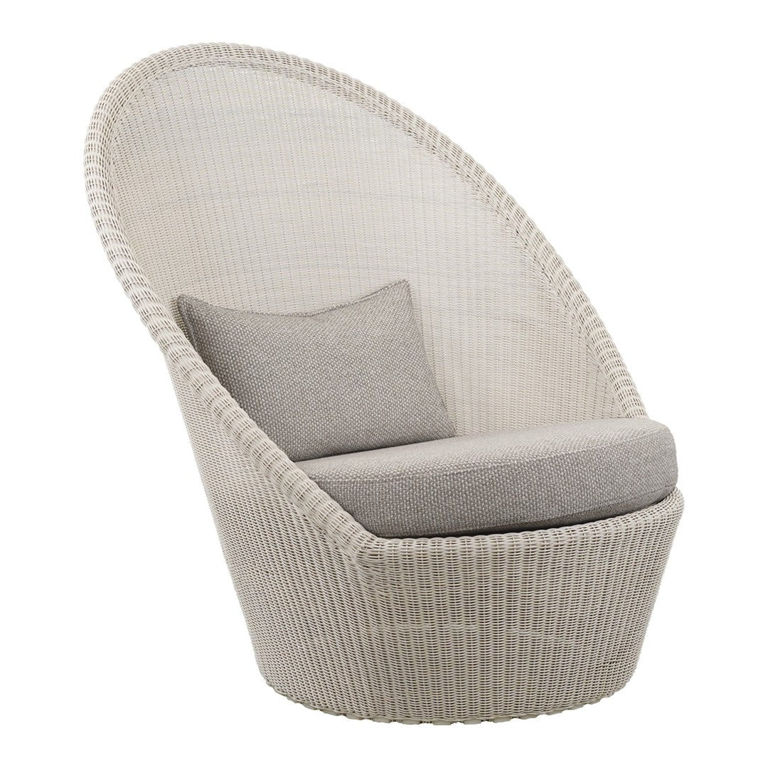 White woven chair with a curved design and light gray cushion. Elegant, modern aesthetics for stylish interiors.