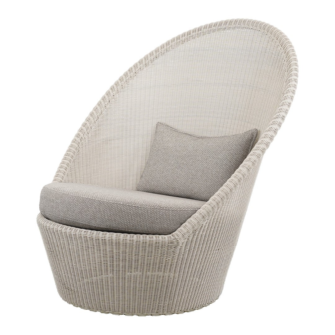 Light gray woven chair with smooth curved lines and a soft, solid gray cushion. Ideal for modern decor.