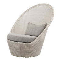 Light gray woven chair with smooth curved lines and a soft, solid gray cushion. Ideal for modern decor.