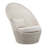 Light beige woven chair with a smooth, curved design and a soft white cushion. Elegant, modern pattern perfect for any decor.