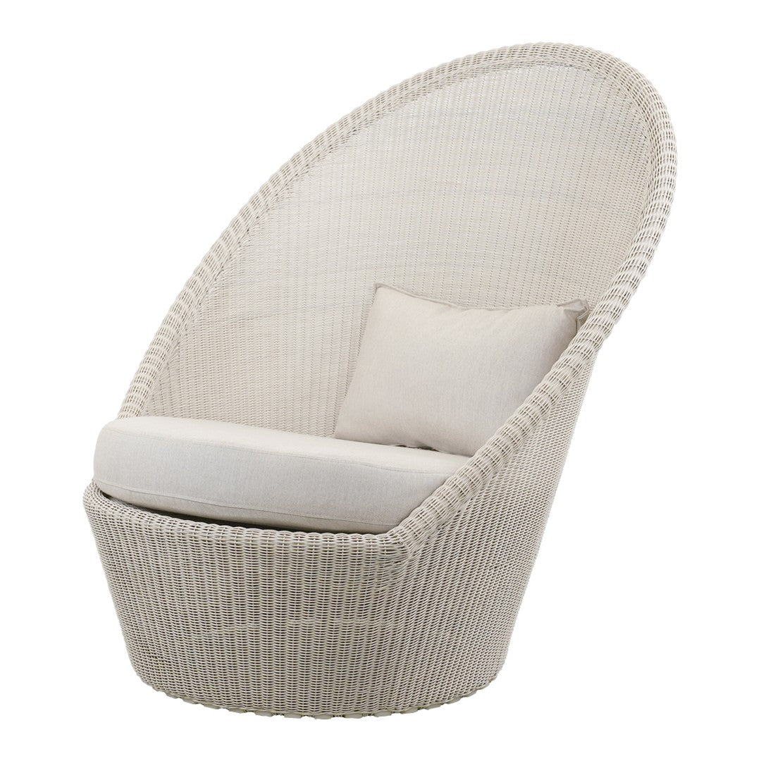 Beige woven lounge chair with a smooth, curved shape and plush cream cushion, ideal for modern decor.