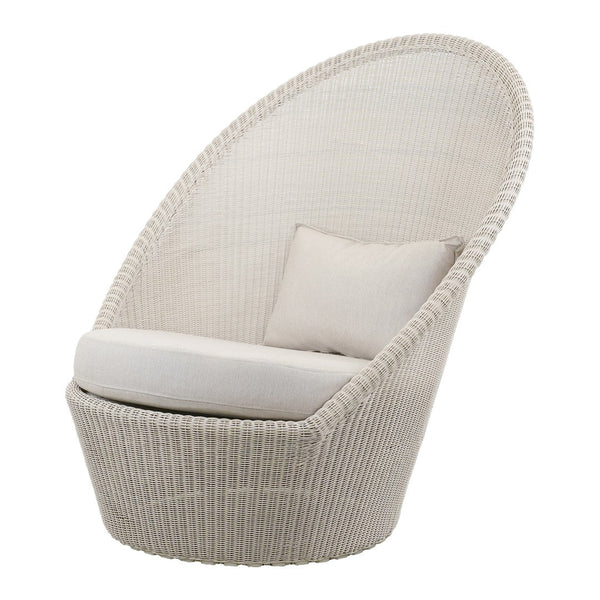 Luxe white woven chair with soft beige cushion, featuring a smooth, rounded shape and subtle vertical patterns.