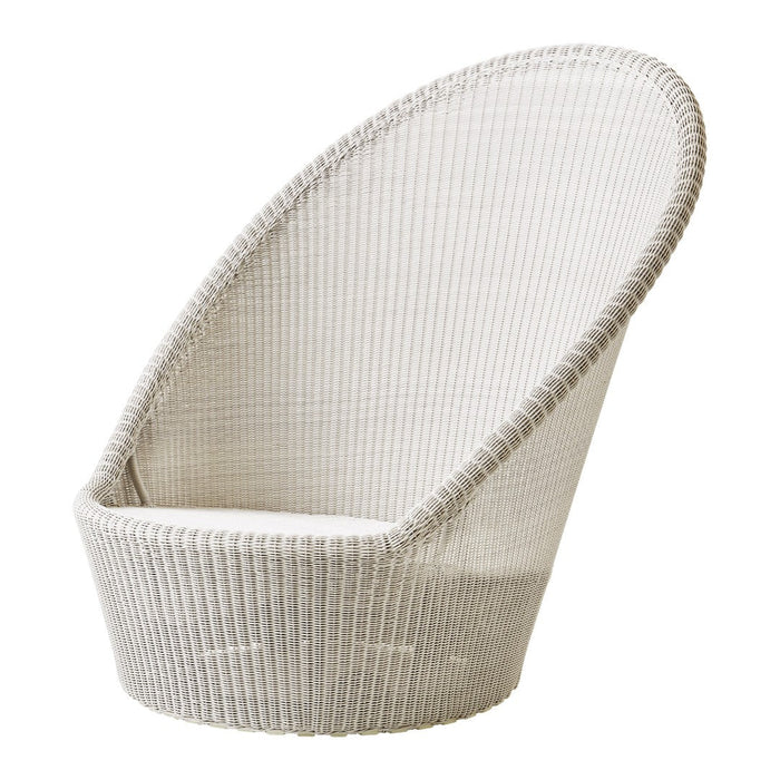 Light beige wicker chair with a curved shape and intricate braided pattern. Ideal for modern decor.