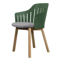 Green slatted back chair with a grey upholstered seat and natural wood legs, featuring a modern and stylish design.