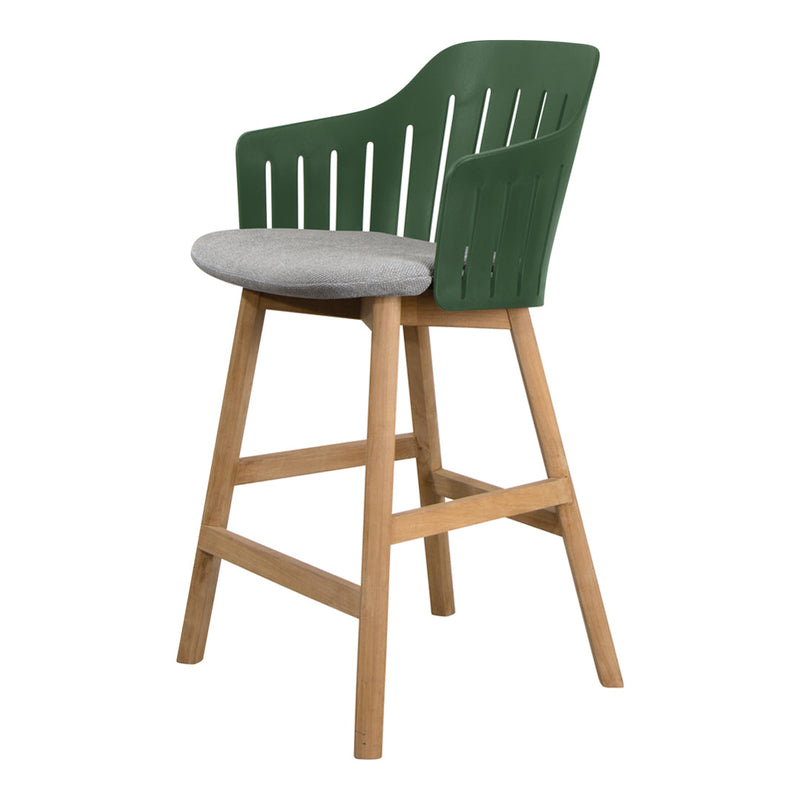 Green slatted back bar chair with a light gray cushion and natural wooden legs, perfect for modern decor.