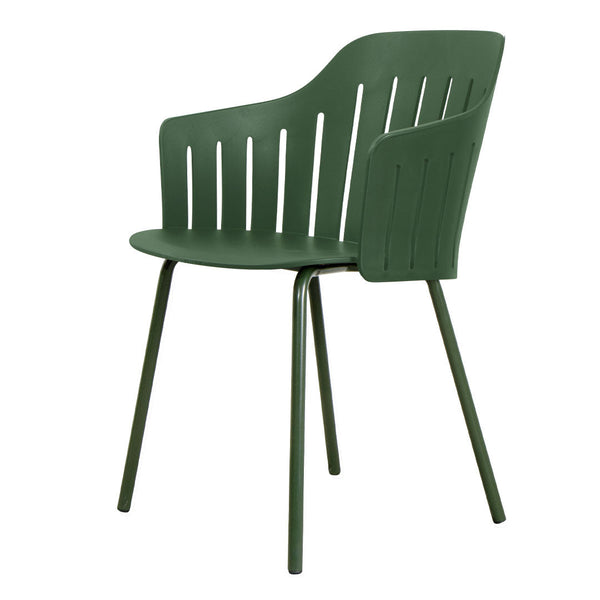 Green plastic chair with a modern slatted design and sleek legs, perfect for contemporary outdoor or indoor spaces.