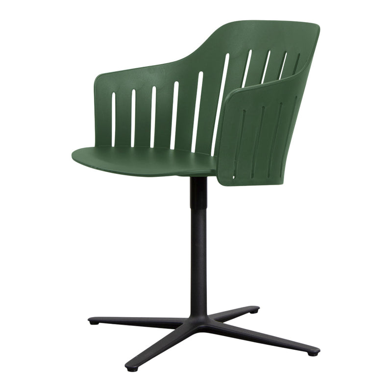 Green slatted chair with a sleek profile and a matte black base, perfect for modern decor.