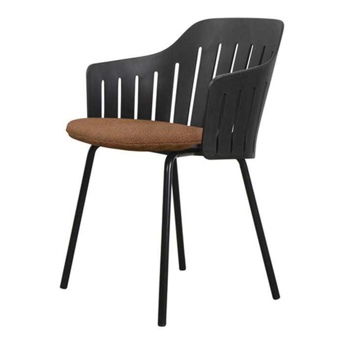 Black chair with slatted back and brown fabric seat. Modern design ideal for home or office decor.